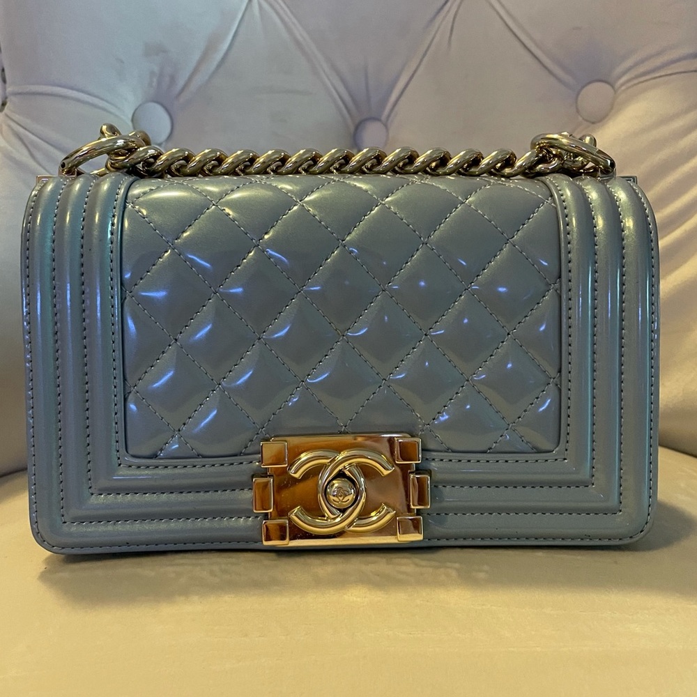 SOLD Chanel Quilted Patent Boy Bag Light Blue